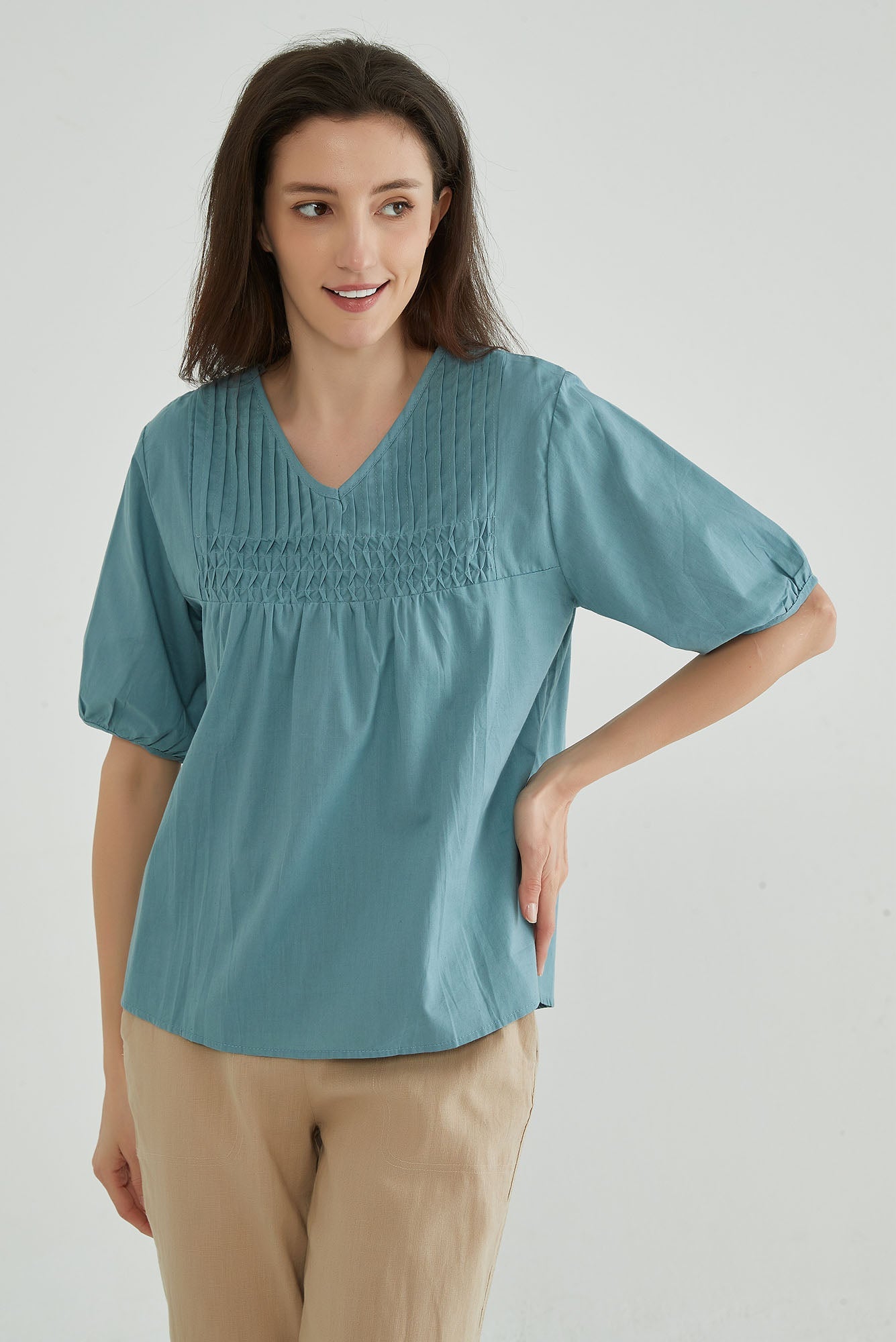 Moonstone Blue Cotton Tops for Women - Whisper Mint